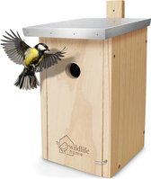 Wildlife Home - Houten nestkast voor de Koolmees en Boomklever - Met metalen dak - Onbehandeld grenen hout - 32mm invliegopening