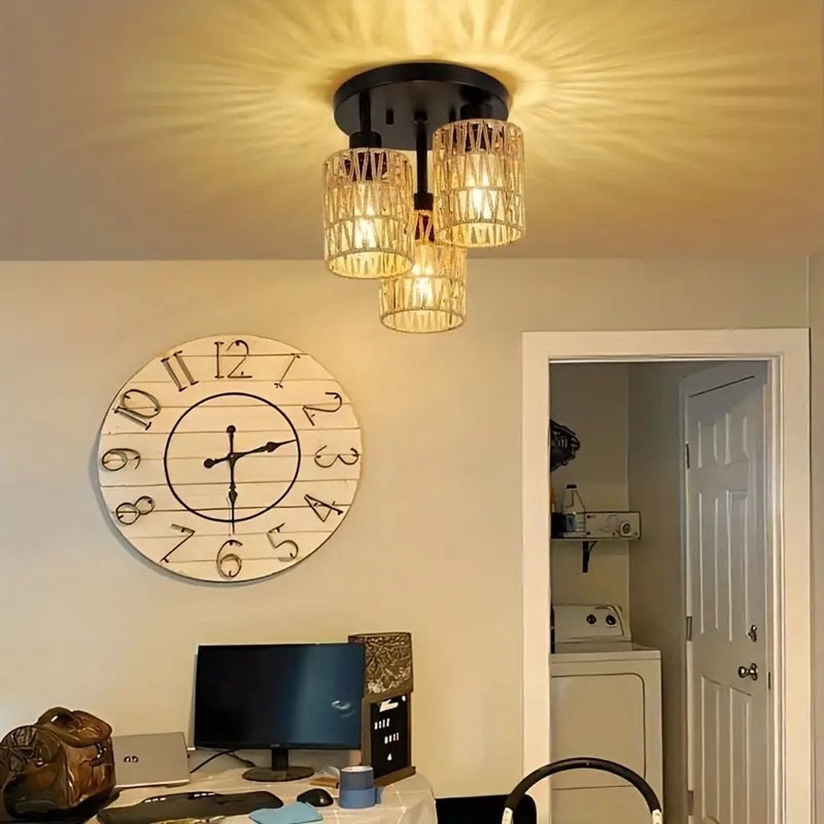 Touw plafondlamp rustieke verlichting - retro hennep touw hangende lamp 06.04 hoofd kroonluchter bamboe E27 lampfitting (grootte: 6 kop