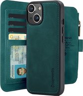 CaseMania Bookcase hoesje geschikt voor iPhone 15 - Effen Groen - Kunstleer - Portemonnee met 14 Vakjes voor Pasjes en Ritsvak
