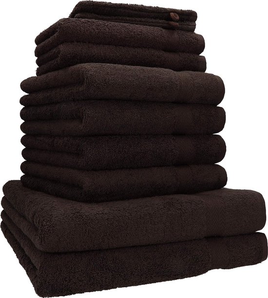 10-delige handdoekenset donkerbruin, kwaliteit 470 g/m², 2 badhanddoeken 70 x 140 cm, 4 handdoeken 50 x 100 cm, 2 gastendoekjes 30 x 50 cm, 2 washandjes 16 x 22 cm