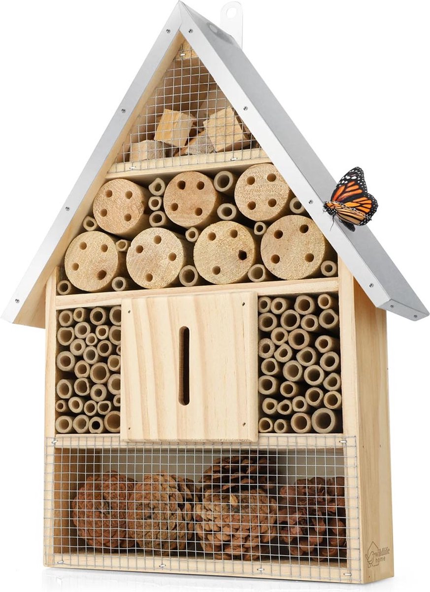 Wildlife Home - Insectenhotel met metalen dak - Schuil en nestplaats voor wilde bijen, lieveheersbeestjes, vlinders, gaasvliegen en andere nuttige insecten - Groot
