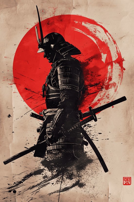 Samurai Poster | Soleil rouge | Art japonais | Affiche orientale | Décoration murale | 51x71cm | Affiche B2 | Affiche murale | MT | Convient pour l'encadrement