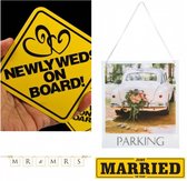 4-delige bruidsauto decoratie set Just Married, mr & mrs en Parking - trouwen - huwelijk - trouwvervoer - nummerplaat - just married