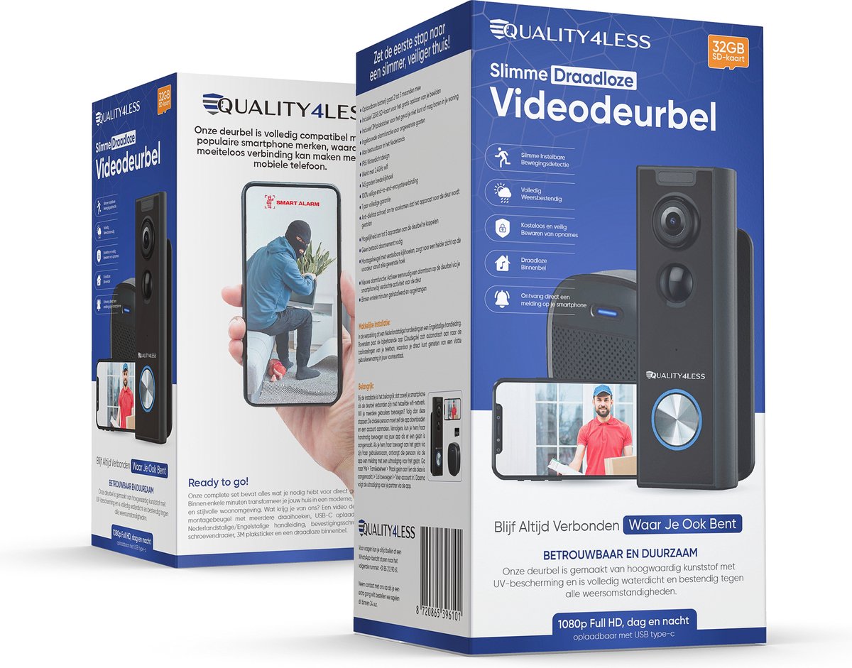Quality4Less™ - Slimme Draadloze Video Deurbel met camera - 3MP Ultra HD - Wifi deurbel - Zonder abonnement - Incl. draadloze gong en 32GB SD-Kaart - (T-ring geluid) - Zwart — cadeau in Elektronica - foto 8