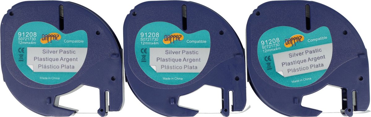 Dappaz - 3 stuks Dymo Plastic Label Zwart op ZILVER Compatible - Geschikt voor Dymo LetraTag Labelprinter - Labeltape 91208 - 12 mm x 4 m