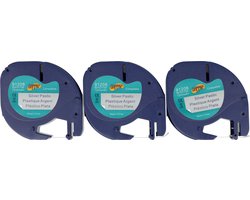 Dappaz - 3 stuks Dymo Plastic Label Zwart op ZILVER Compatible - Geschikt voor Dymo LetraTag Labelprinter - Labeltape 91208 - 12 mm x 4 m