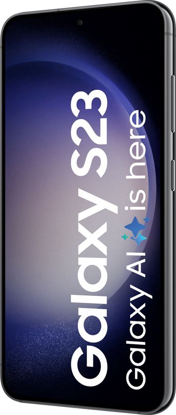 Zwarte Samsung Galaxy S23 met tekst 'Galaxy S23' en 'Galaxy AI is here'.