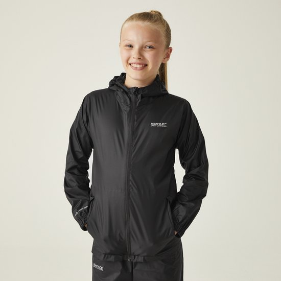 Regatta - Kids Pack It III Opvouwbaar Kinder Regenjack - Zwart - Maat 128