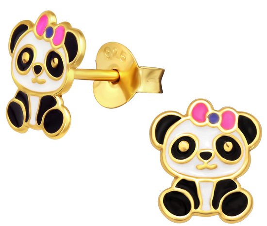 Joy|S - Zilveren panda oorbellen - roze strikje - 14k goudplating / goldplated - kinderoorbellen
