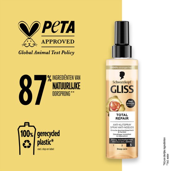 Gliss Total Repair Anti-Klit Spray - Haarverzorging - Leave-in-Conditioner - Vermindert Haarbreuk - Hittebescherming - Voordeelverpakking - 6x 200ml