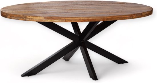Zita Home Table à manger Thom - ovale - 220 x 100 cm - bois de manguier marron - pied matriciel noir en métal - Thick Leaf