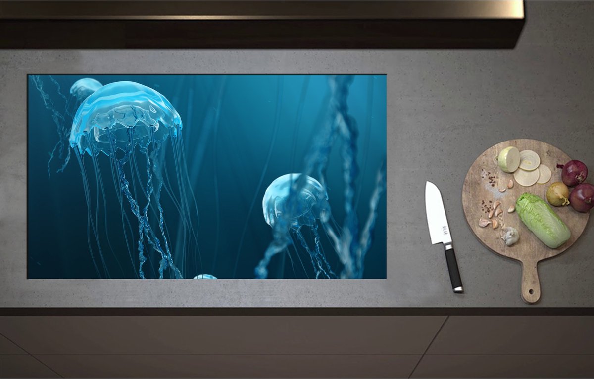 Inductieplaat Beschermer - Blauwe kwallen zwemmen door de zee heen - 90x52 cm - 2 mm Dik - Inductie Beschermer - Bescherming Inductiekookplaat - Kookplaat Beschermer van Zwart Vinyl
