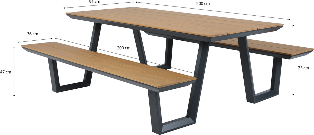 AXI Nori Picknicktafel met 2 banken Antraciet met Teak-look Polywood – Gepoedercoat aluminium frame – Tafel en banken met Polywood tafelblad en zitvlak - 200x190cm thumbnail 6