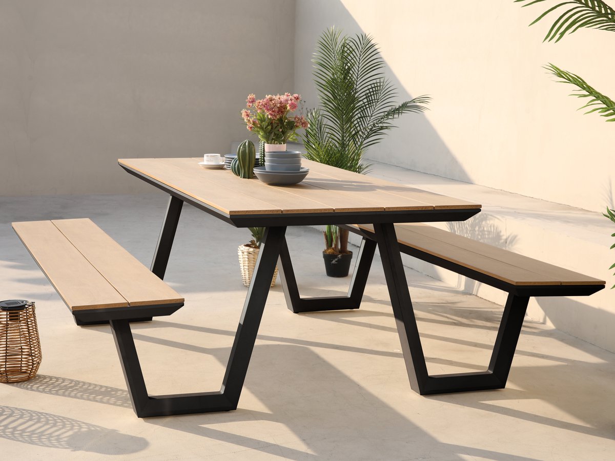 AXI Nori Picknicktafel met 2 banken Antraciet met Teak-look Polywood – Gepoedercoat aluminium frame – Tafel en banken met Polywood tafelblad en zitvlak - 200x190cm thumbnail 4