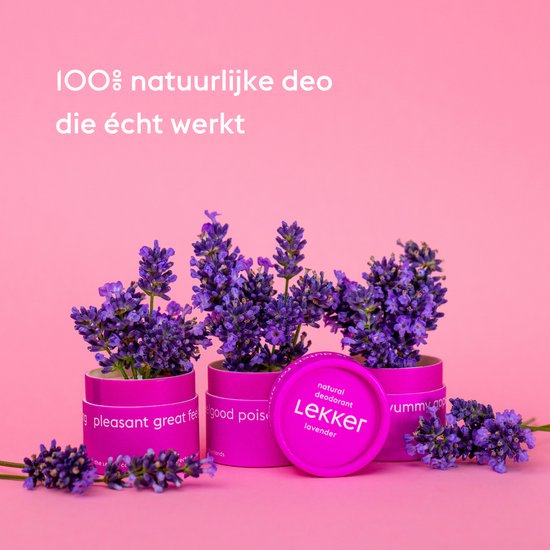 Drie potjes met lavendel, een potje met Lekker lavendel deodorant in het midden.