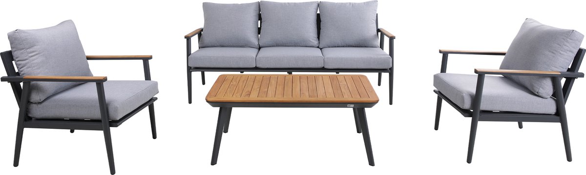 AXI Bibi Stoel-bank loungeset 4-delig Antraciet/Teak – 2 Stoelen en bank met tafel - Gepoedercoat aluminium frame – Grijze kussens - 5 Personen