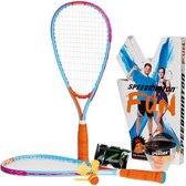 Speedminton FUN set - twee kleine lichtgewicht rackets - twee HELI Speeders - twee speedlights - in handige draagtas - lichtblauw/oranje