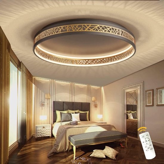 Moderne LED Plafondlamp Dimbaar - Zwarte Behuizing met Gouden Rand - Afstandsbediening - Ø50cm - Voor Woonkamer, Slaapkamer, Kantoor