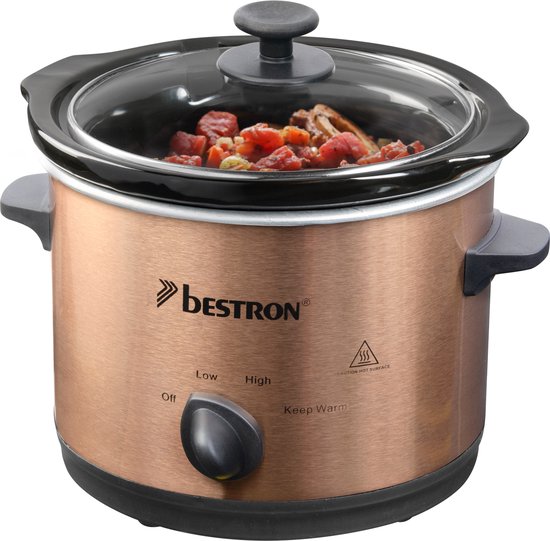 Bestron Slowcooker, met 3 programma's, keramische pan & glazen deksel, voor 2 Personen, 1.5L capaciteit, vatwasserveilig, 120 Watt, Copper Collection, kleur: Koper