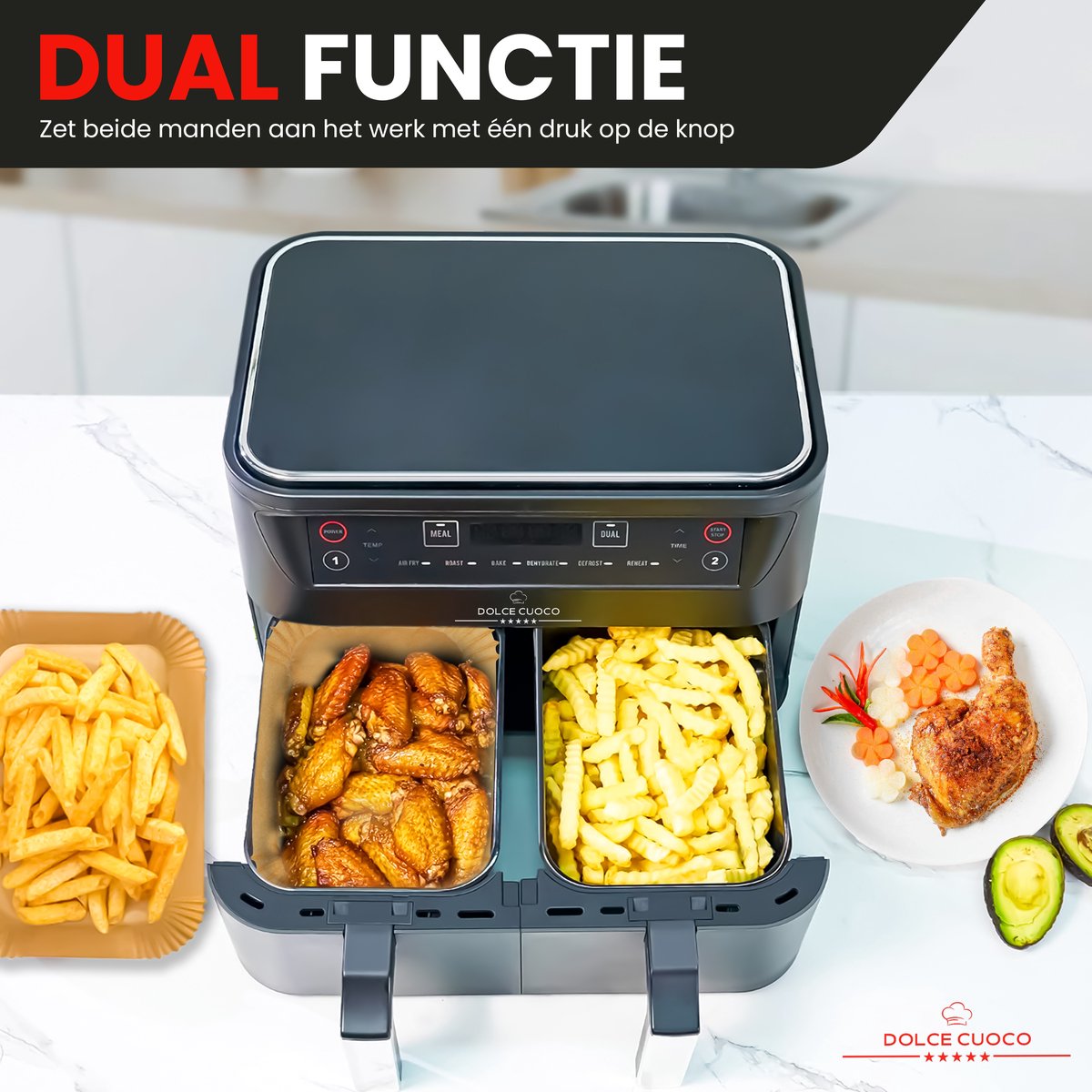 Afbeelding 2 van Dolce Cuoco Dubbele Airfryer XXL - Airfryers met Twee Lades - Heteluchtfriteuse Incl Olie Sprayer & 120 Vellen Bakpapier