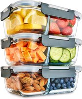 Glazen Meal Prep Containers met 2 Compartimenten en Luchtdichte Kliksluiting Deksels - Portie Controle Voedsel Vershoudbak - BPA Vrij