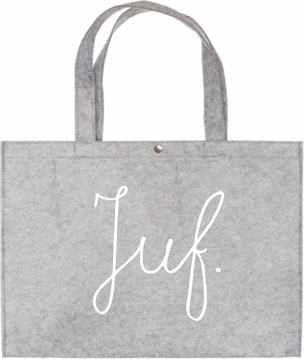 Tas Voor De Juf - Juf. - Licht Grijze Vilten Tas A3 - Juf Bedankt Cadeau - Bedankje Juf Kado - Vilten Shopper  A3 Formaat - Licht Grijze Vilten Tas Met Hengsels
