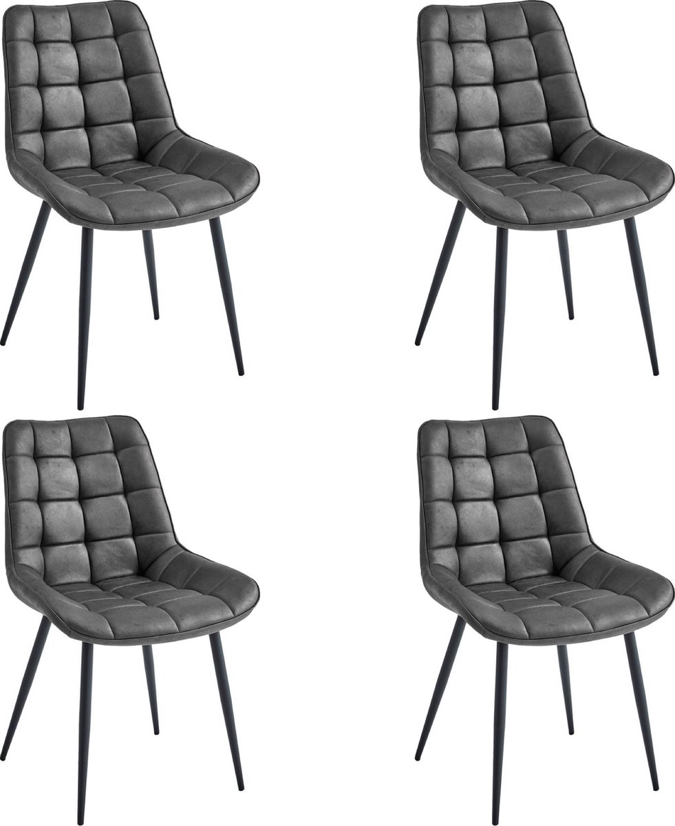 Colenis® - Quadra Eetkamerstoel - Set Van 4 - Antraciet - Microfiber Stof - Industrieel