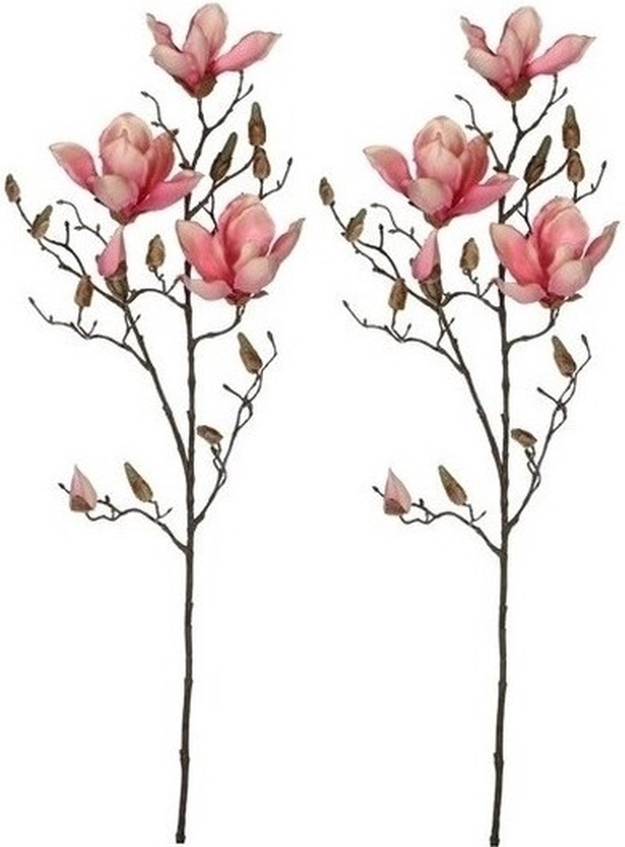 Mica Decorations Kunstbloem - 2x - Magnolia beverboom - roze - 80 cm - kunsttak