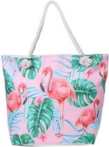 Een vrolijke strandtas met een print van flamingo's (44x36x13cm) gevoerd en afsluitbaar met een rits aan de binnenkant. Dit is een echte musthave! Afgewerkt met twee handvaten van gedraaid touw. Voor uzelf of als Cadeau.