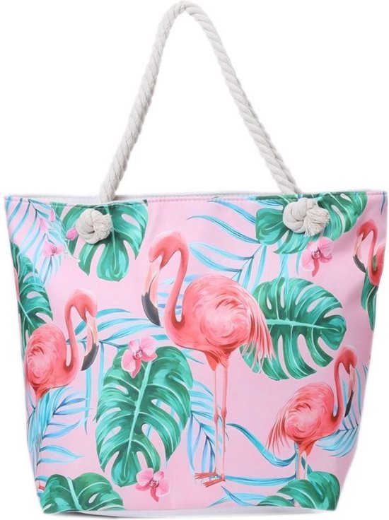 Een vrolijke strandtas met een print van flamingo's (44x36x13cm) gevoerd en afsluitbaar met een rits aan de binnenkant. Dit is een echte musthave! Afgewerkt met twee handvaten van gedraaid touw. Voor uzelf of als Cadeau.