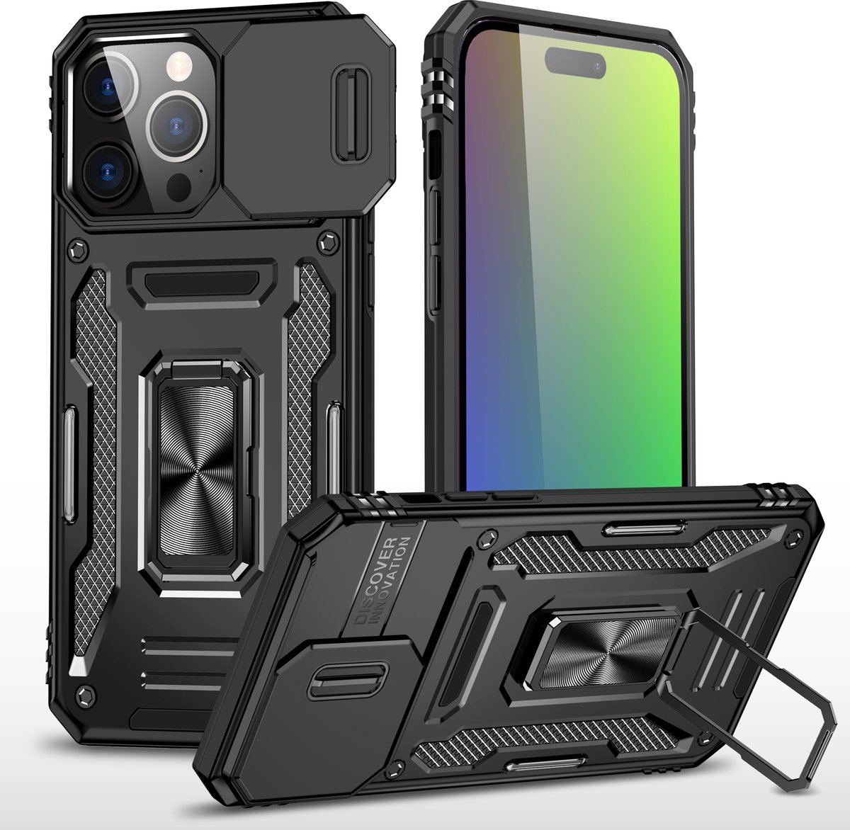 Nuvex Hoesje geschikt voor iPhone 15 Pro Max Zwart Telefoonhoesje - Anti-Shock Case Cover Hybrid Armor Hoes met Kickstand Ring met Screenprotector
