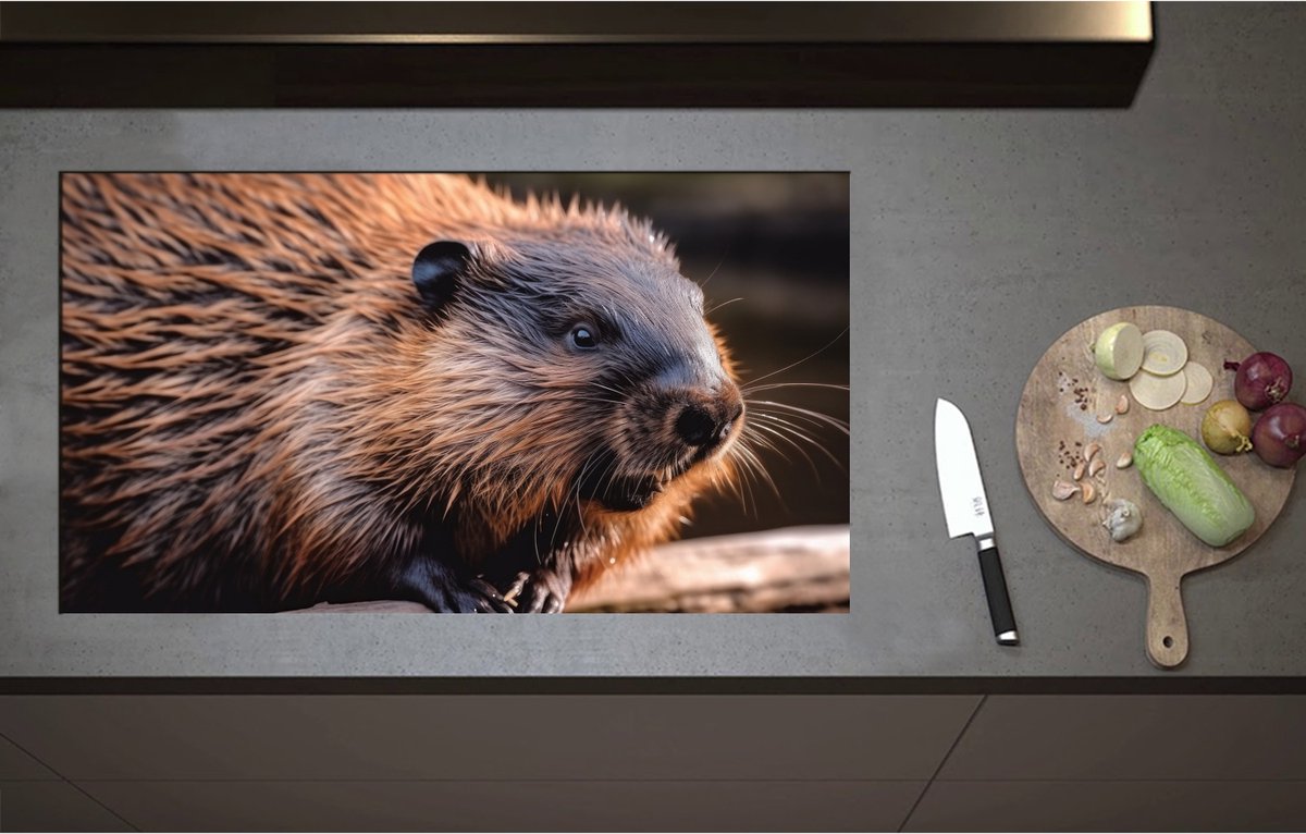 Inductieplaat Beschermer - Bever hangt met poten over stuk hout heen - 90x51 cm - 2 mm Dik - Inductie Beschermer - Bescherming Inductiekookplaat - Kookplaat Beschermer van Zwart Vinyl