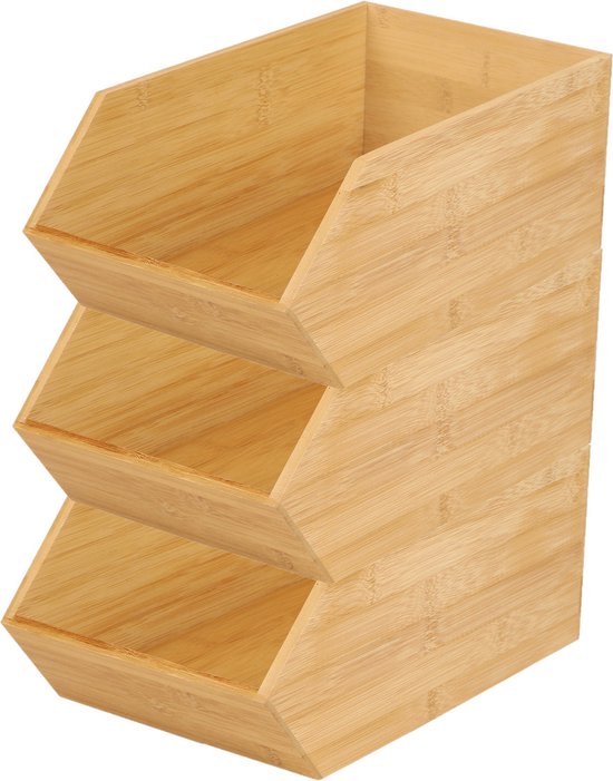 Bambou & Co Panier de rangement empilable Organisateur 1 compartiment - 3x - L18 x L31 x H12 cm - bois de bambou - marron clair