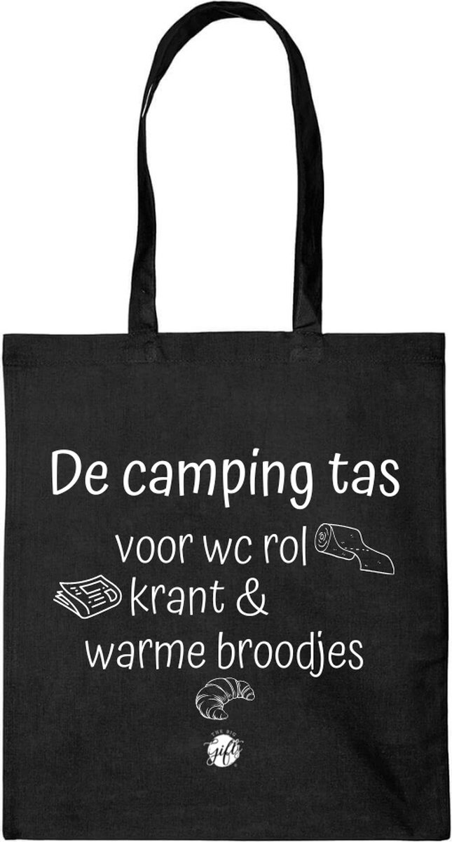The Big Gifts - Katoenen tas - De Campingtas - Zwart met witte letters