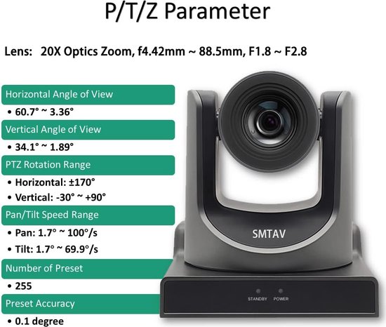 PTZ Videoconferentiecamera - 20x Optische Zoom - H.265 Ondersteuning - PTZ camera