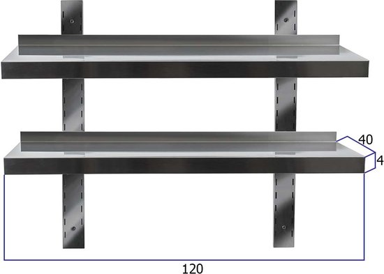 HCB® - Professionele Wandschap van metaal - Dubbel wandschap - RVS - Muurplank - wandplank - Horeca - 120x40x4 cm (BxDxH)