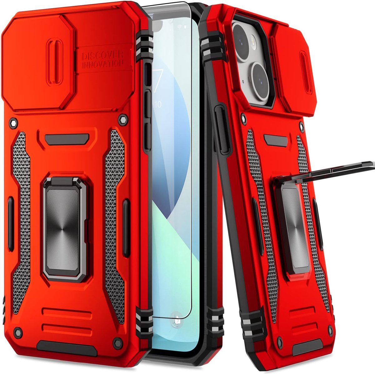 Nuvex Hoesje geschikt voor iPhone 13 Rood Telefoonhoesje - Anti-Shock Case Cover Hybrid Armor Hoes met Kickstand Ring met Screenprotector