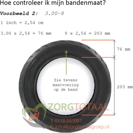 Zwarte buitenband van 3.00-8 met maatindicatie 76 mm x 203 mm. Diameter 203 mm, breedte 76 mm.