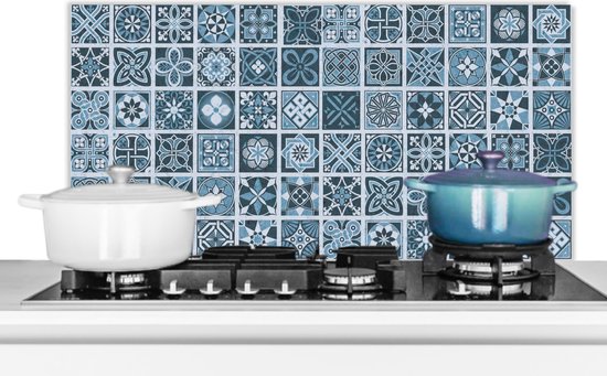 Spatscherm keuken 80x40 cm - Kookplaat achterwand Bloemen - Blauw - Patronen - Figuren - Muurbeschermer - Spatwand fornuis - Hoogwaardig aluminium