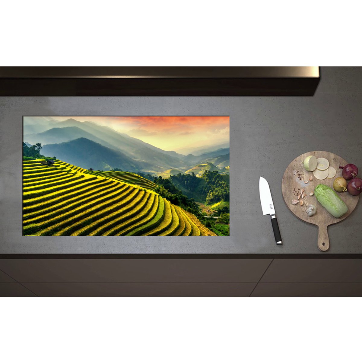 Inductieplaat Beschermer - Bergen in Indonesië Vol Rijstvelden - 85x50 cm - 2 mm Dik - Inductie Beschermer - Bescherming Inductiekookplaat - Kookplaat Beschermer van Wit Vinyl