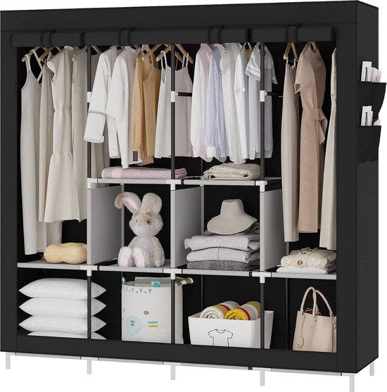 Grande armoire portable avec 6 étagères de rangement, 4 sections suspendues, 4 poches latérales – Design moderne – Zwart