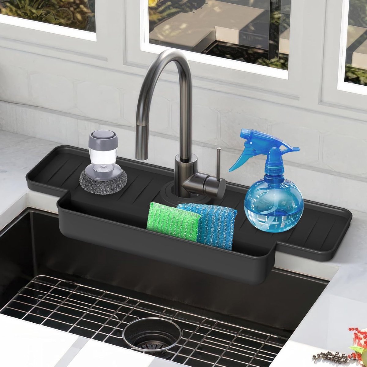 Siliconen kraanmat bescherming van het werkblad voor badkamer en keuken (zwart) met wateropvangfunctie