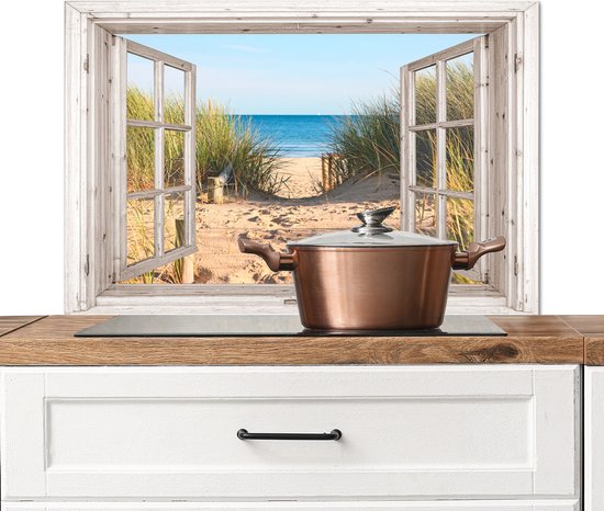 Foto: Spatscherm keuken 90x60 cm kookplaat achterwand doorkijk strand zee duinen zand water helmgras muurbeschermer spatwand fornuis hoogwaardig aluminium