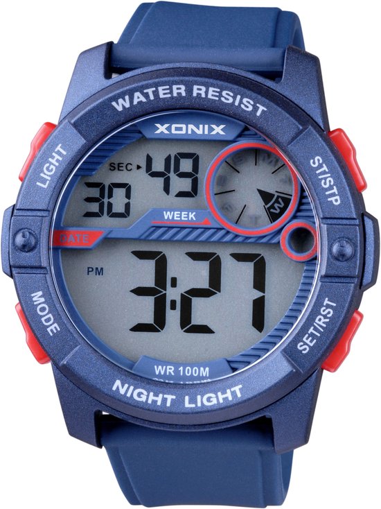 Xonix CV-A05 - Horloge - Analoog - Heren - Mannen - Rond - Siliconen band - ABS - Cijfers - Achtergrondverlichting - Alarm - Start-Stop - Chronograaf - Tweede tijdzone - 12/24 - Waterdicht - DonkerBlauw - Rood - 10ATM