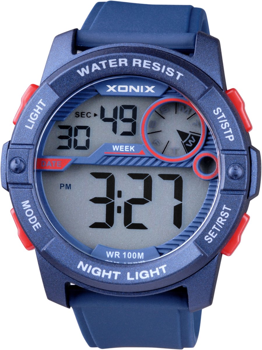 Xonix CV-A05 - Horloge - Analoog - Heren - Mannen - Rond - Siliconen band - ABS - Cijfers - Achtergrondverlichting - Alarm - Start-Stop - Chronograaf - Tweede tijdzone - 12-24 - Waterdicht - DonkerBlauw - Rood - 10ATM