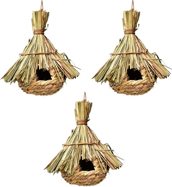 3 x Vogelhuis - Vogelnest van stro hangend - ca. Ø23 x 31 cm