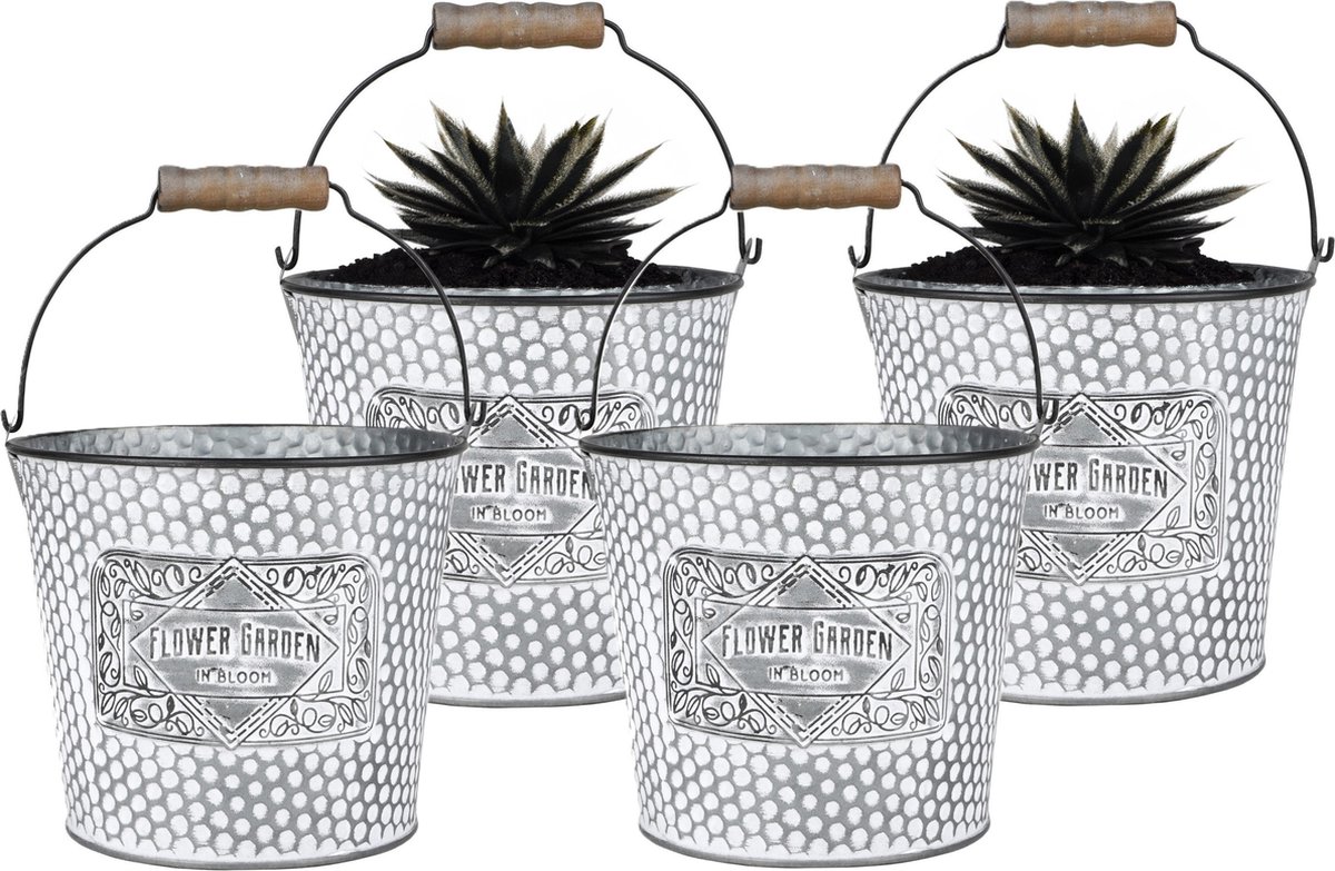 Goedkoopste Sunnydays Emmer/plantenpot/bloempot - 4x - zink - zilver - D17 x H14 cm