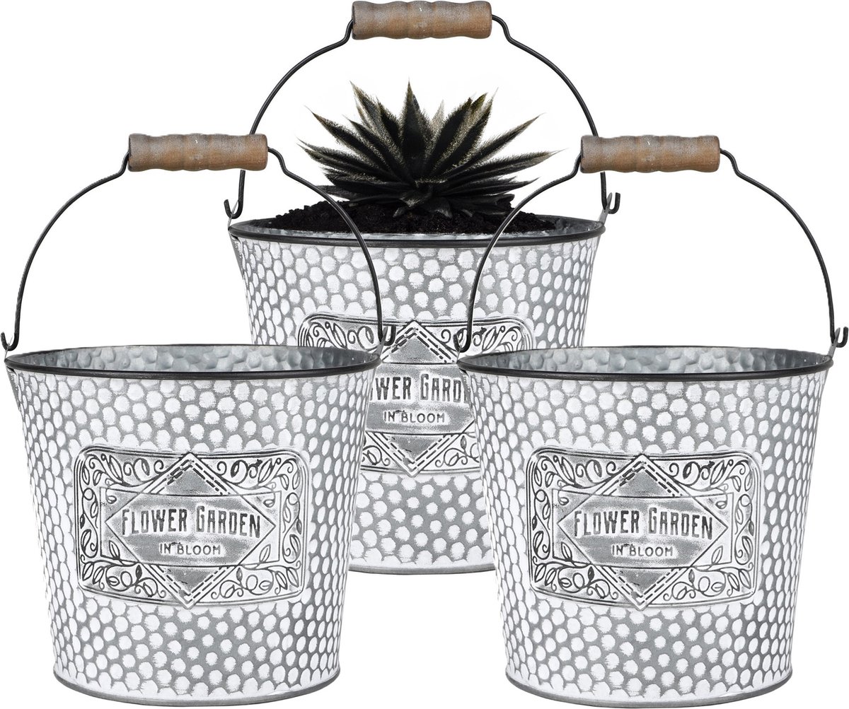 Goedkoopste Sunnydays Emmer/plantenpot/bloempot - 3x - zink - zilver - D17 x H14 cm