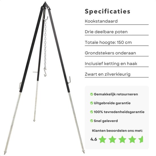 Driepoot Standaard - Stabiel Buiten Koken - 150cm - In Hoogte Verstelbaar - Camping - BBQ Statief - Tripod - Extra Sterk - Grondstekers - Metaal - Kookstatief — afbeelding 4