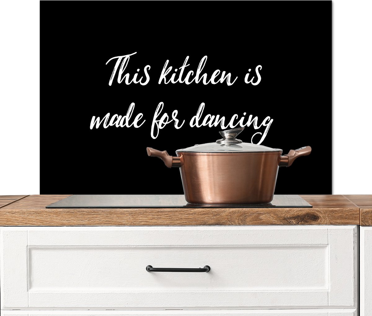 Spatscherm keuken 90x60 cm - Kookplaat achterwand The kitchen is made for dancing - Keuken - Quotes - Spreuken - Muurbeschermer - Spatwand fornuis - Hoogwaardig aluminium